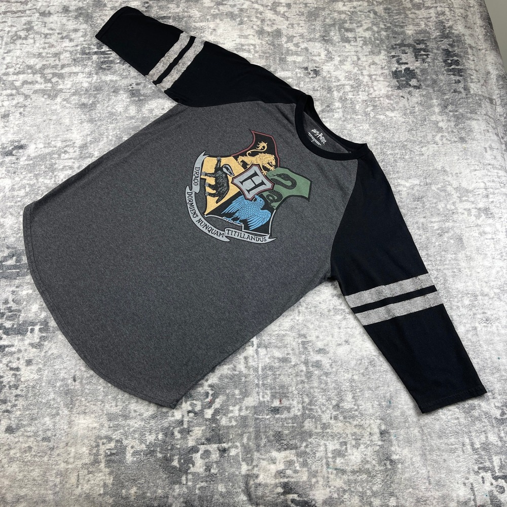 Harry Potter Four Houses Graphic Tee Men Medium Grey Black White Striped Sleeve